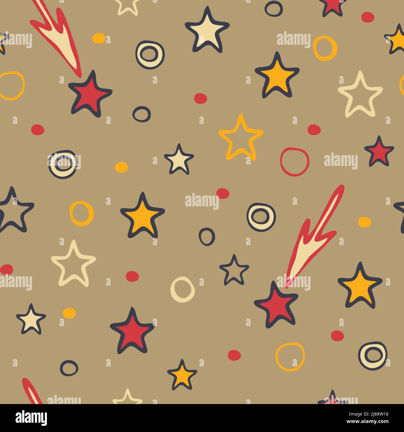 Seamless vector pattern with happy stars on beige background. Party celebration wallpaper design. Decorative star texture fashion textile. Stock Vector
