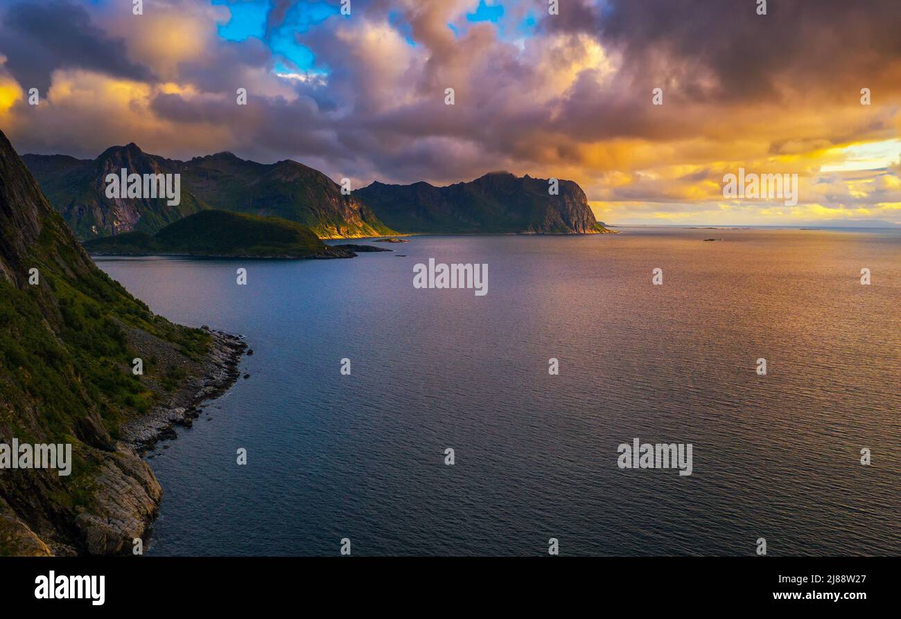 Aerial view of Senja Island in northern Norway at sunset Stock Photo