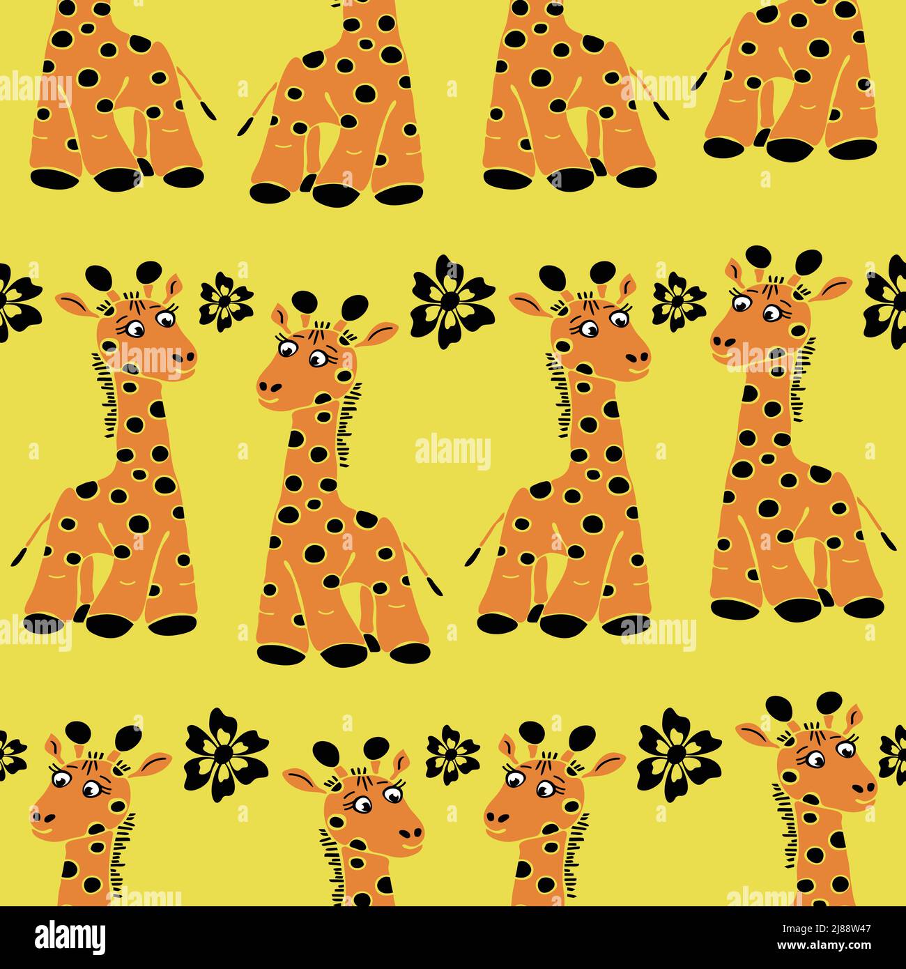 Seamless vector pattern with cartoon style giraffes on yellow background. Animal wallpaper design for children. Stock Vector