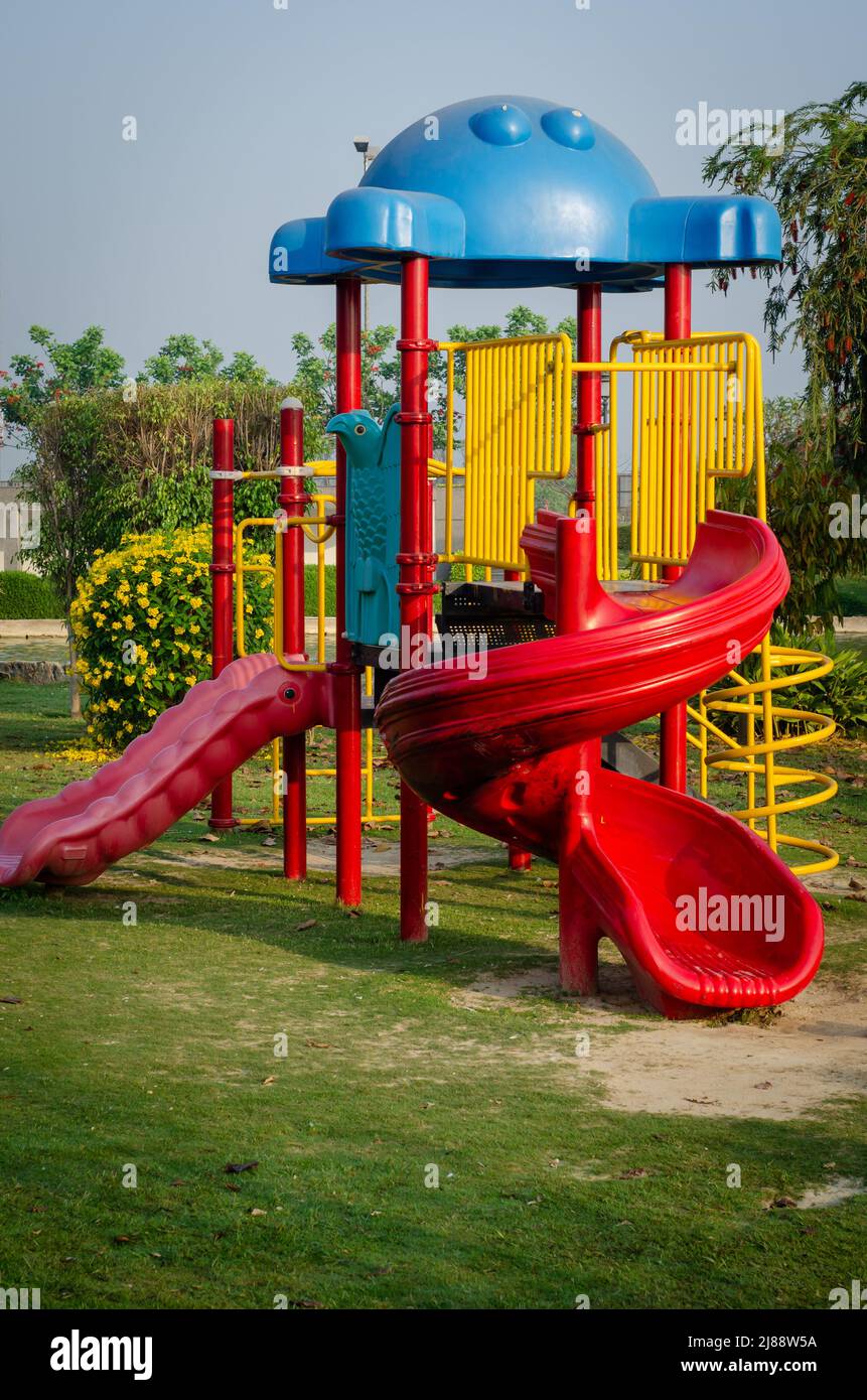 Slides for children in a park Stock Photo