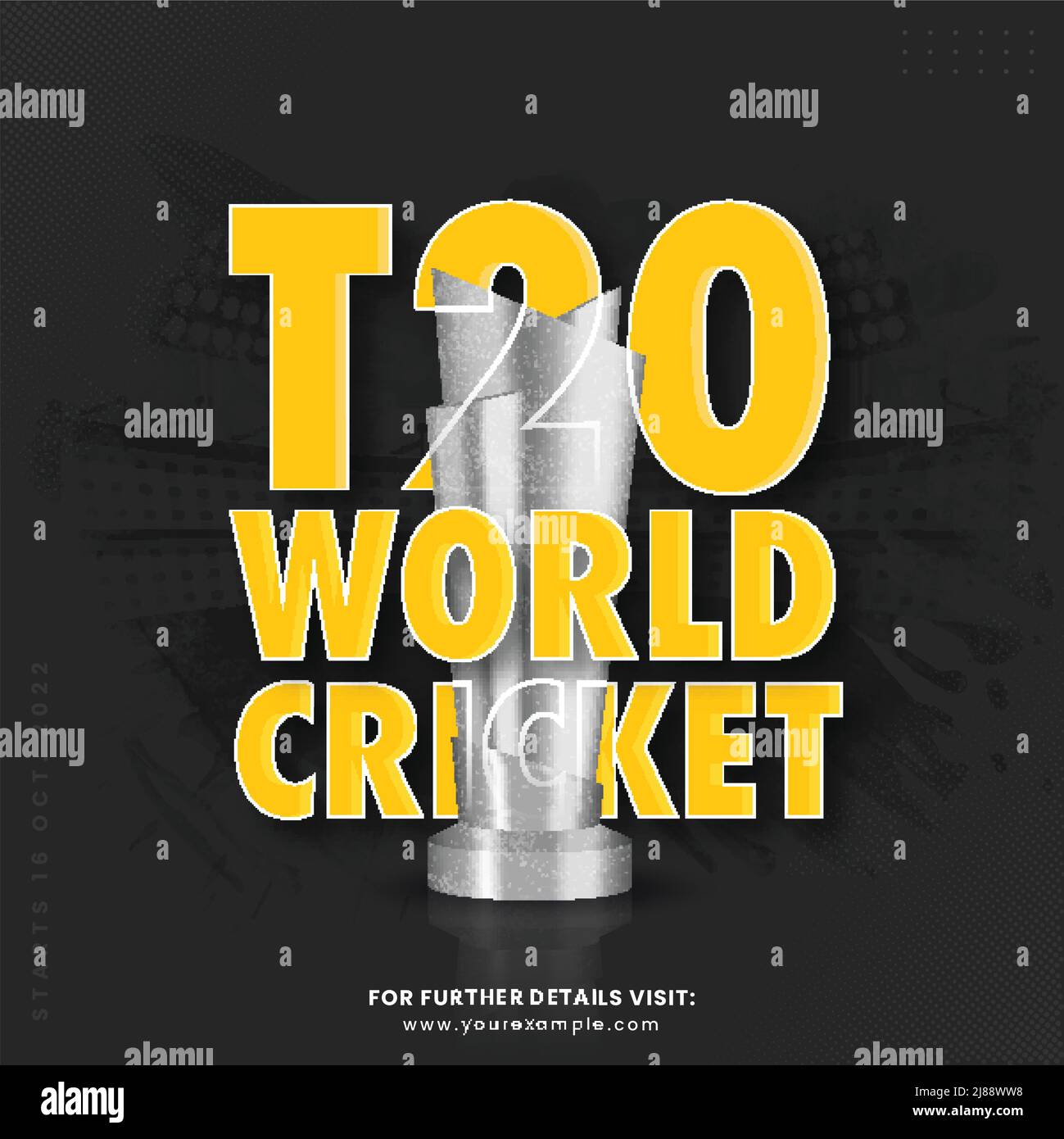 Yellow T20 World Cricket Font With 3D Silver Trophy Cup On Black Brush Effect Stadium Background. Stock Vector
