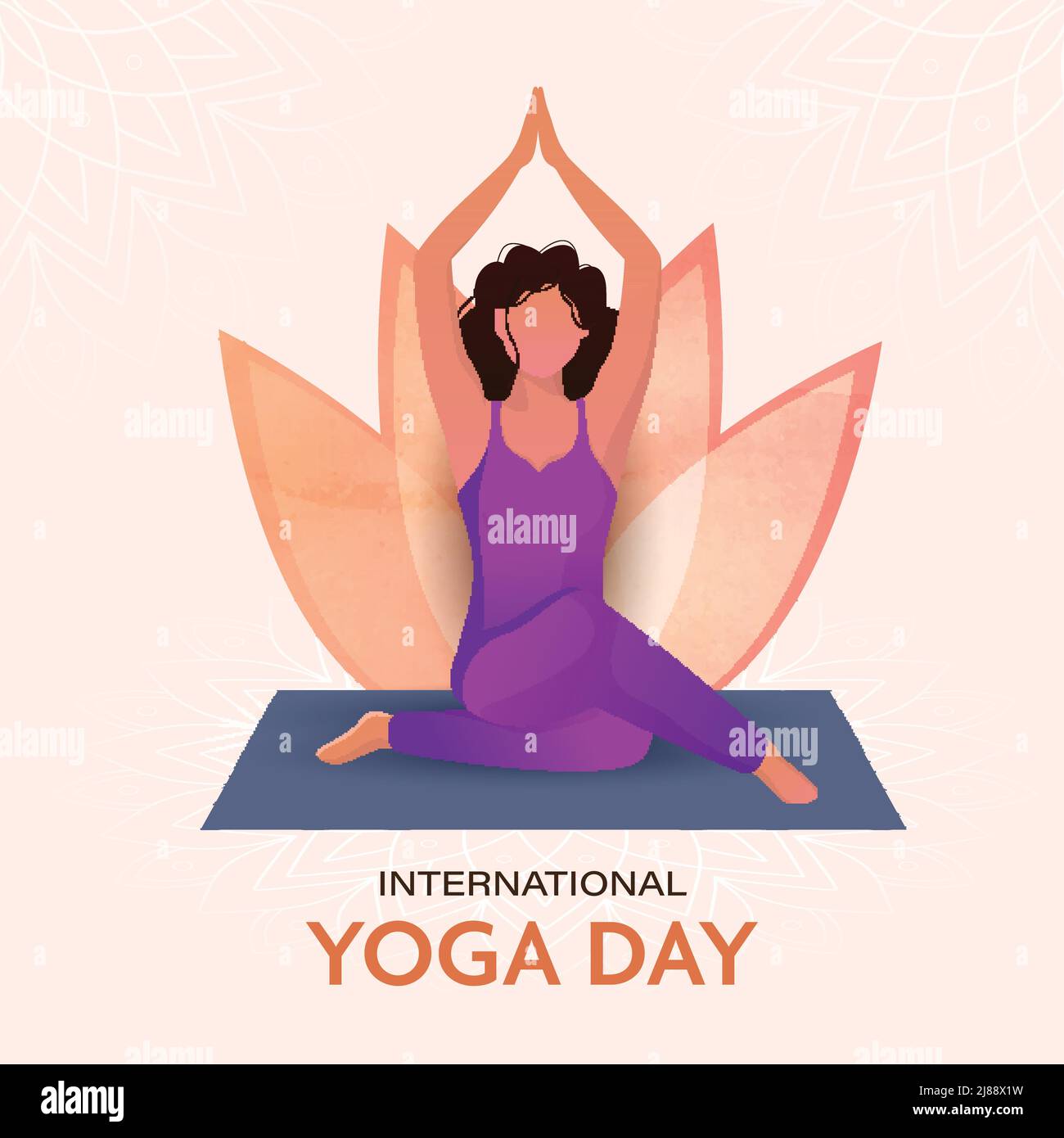 International Yoga Day Concept With Faceless Young Lady Practicing Yoga Sukhasana Pose And Lotus Flower On Pastel Peach Background. Stock Vector