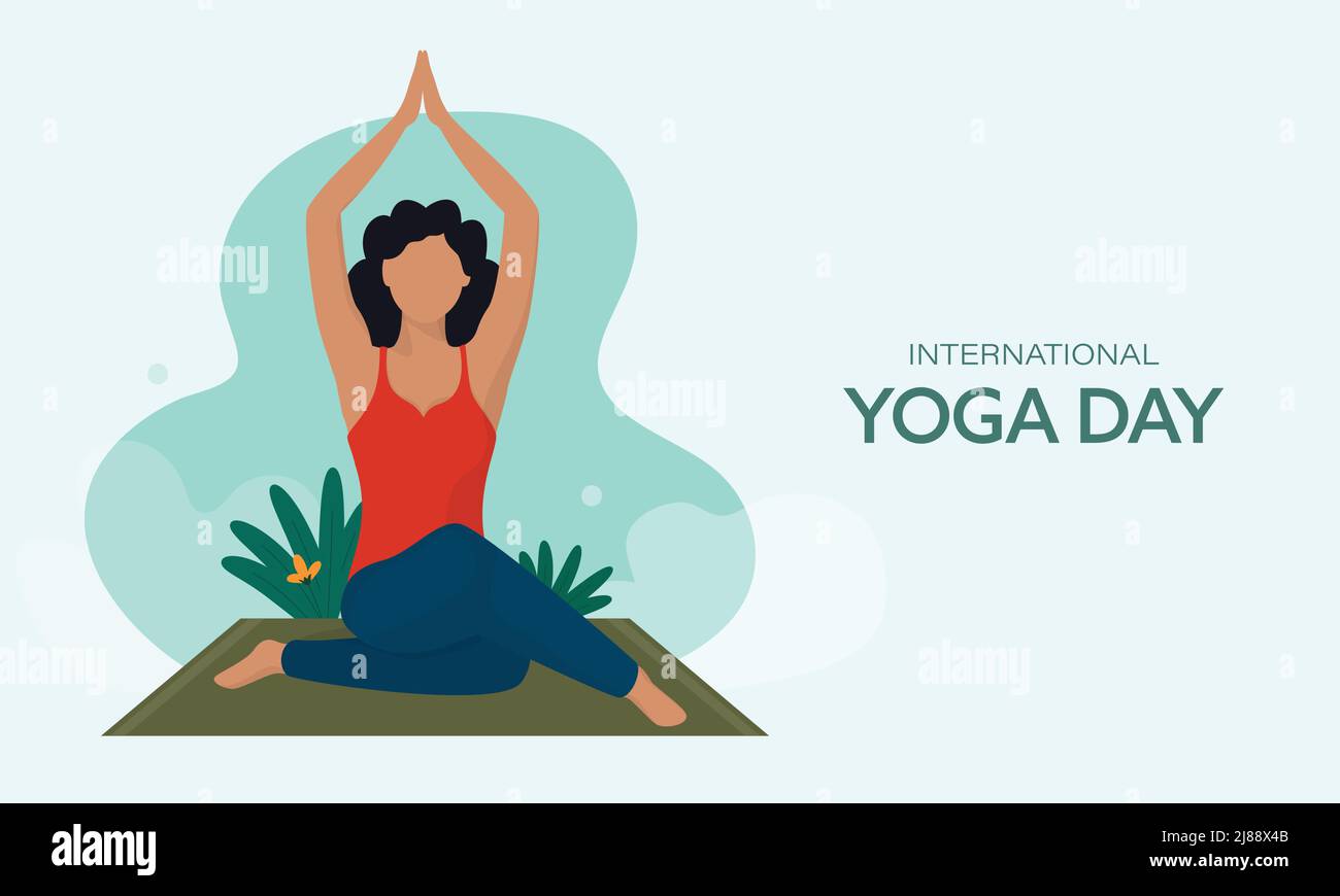 International Yoga Day Concept With Faceless Young Lady Practicing Yoga Sukhasana Pose On Blue Background. Stock Vector