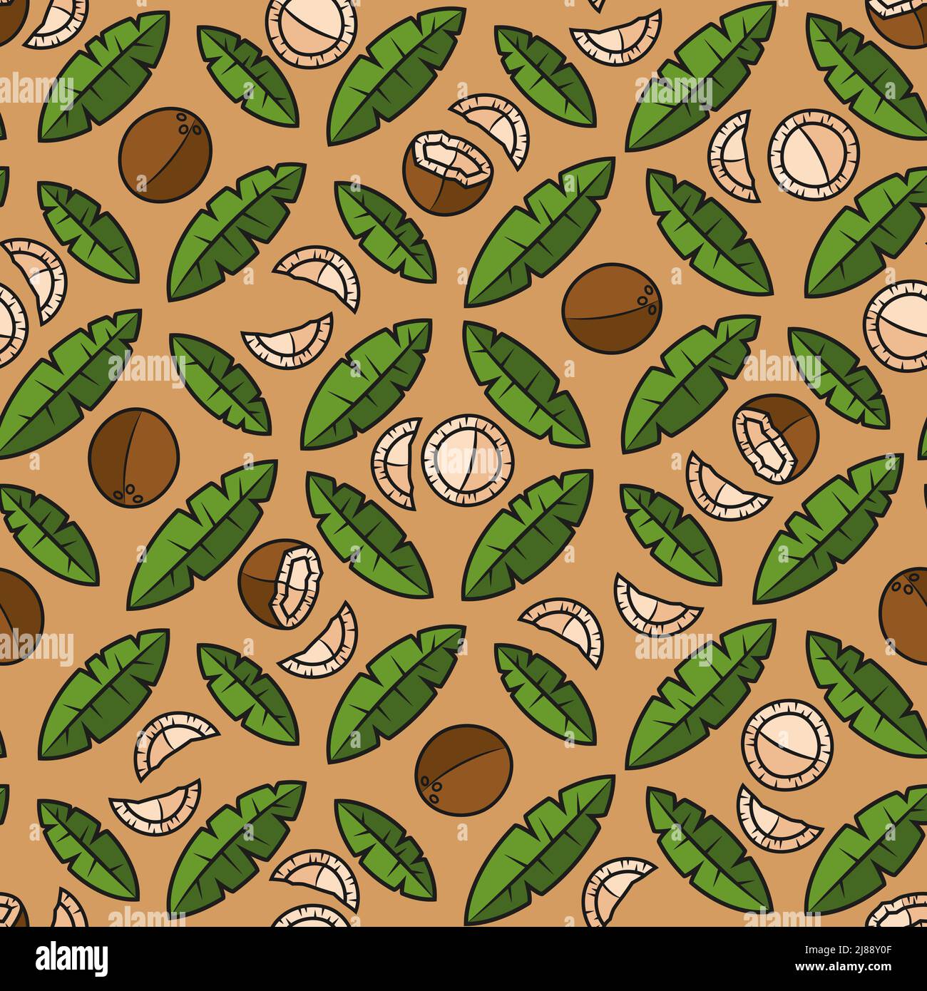 Seamless pattern with palm leaves and coconuts. Tropical vector background with isolated objects. Stock Vector