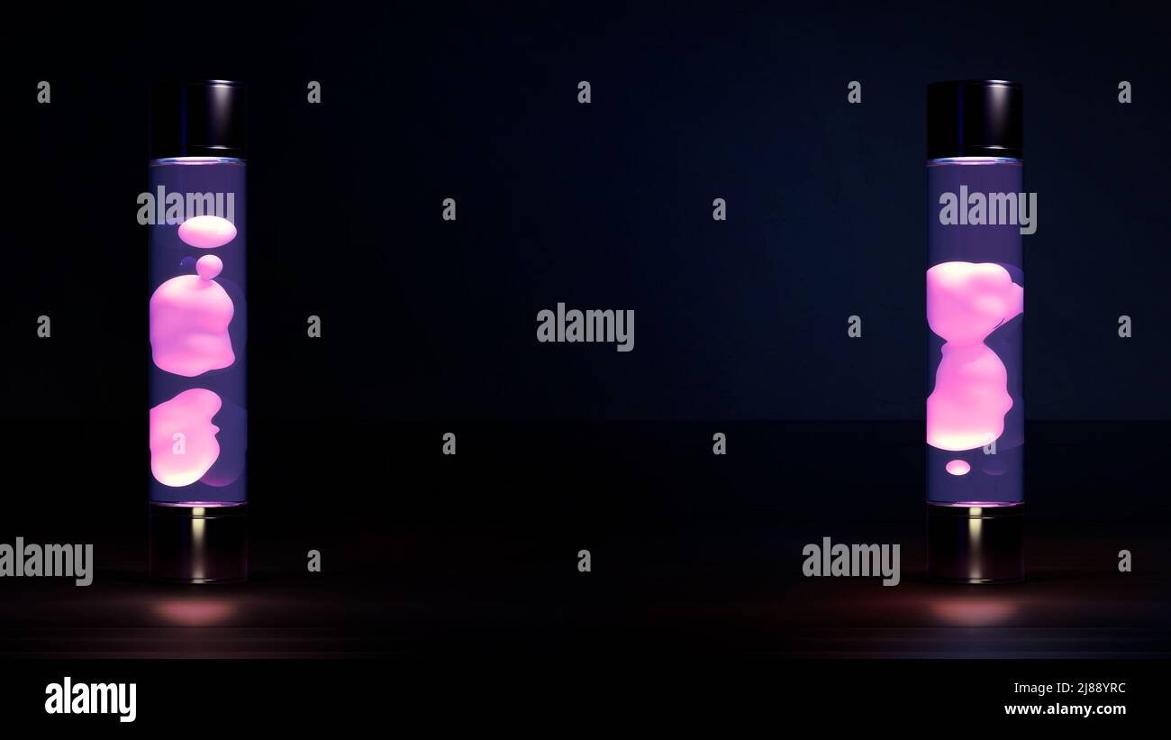 Two purple lava lamp lighting on dark bg with empty space abstract 3D