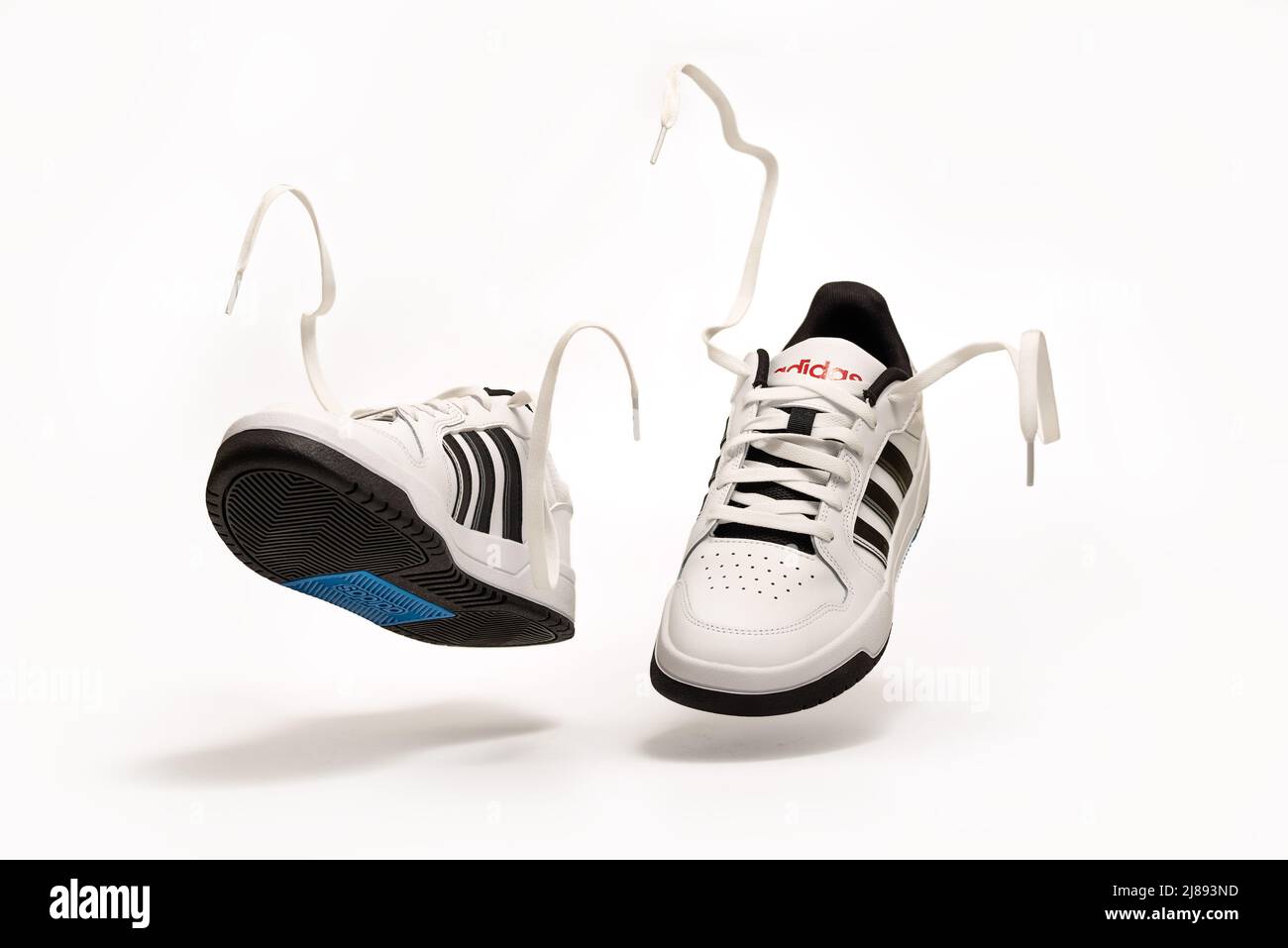 Belgrade, Serbia - May 12, 2022. New Adidas tennis shoes on white background with clipping path included. New Adidas Sneakers or trainers on white bac Stock Photo