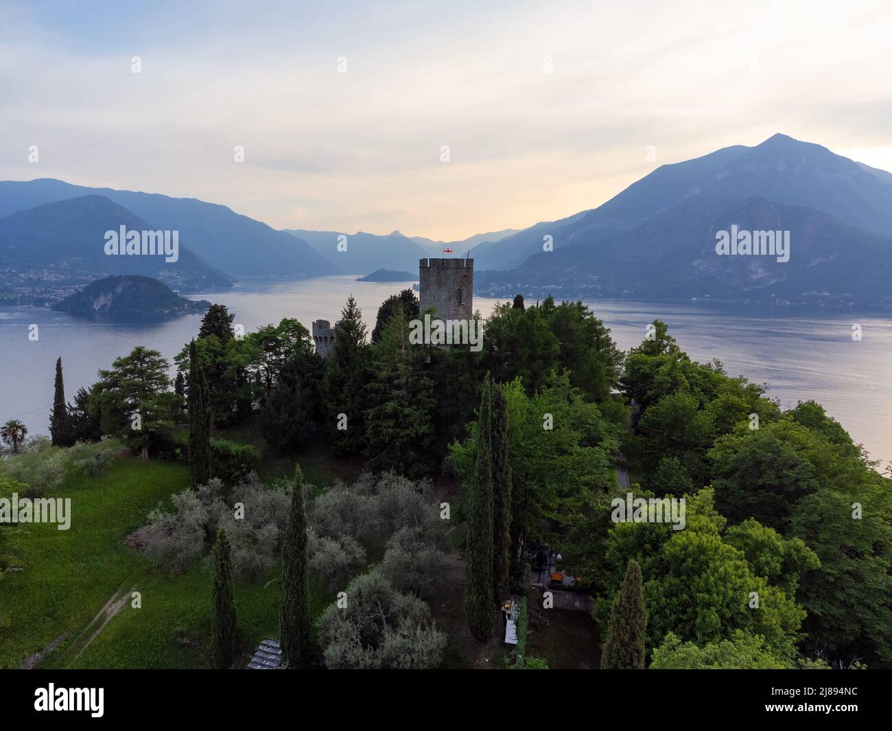 Aerial View beautiful panorama of Lake Como from Castle Vezio - Varenna, Lombardy, Italy Stock Photo