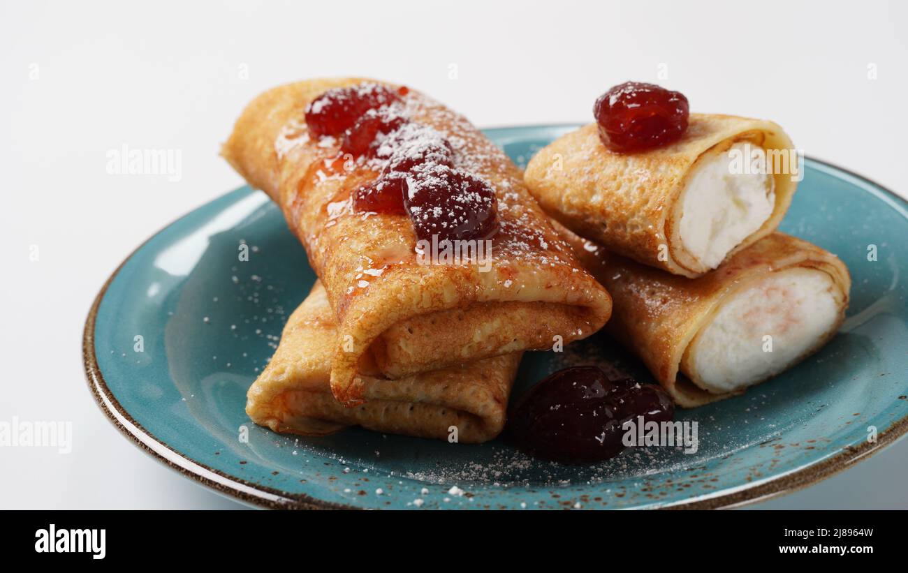 Pancakes with sweet cottage cheese and strawberry jam for breakfast Stock Photo Alamy