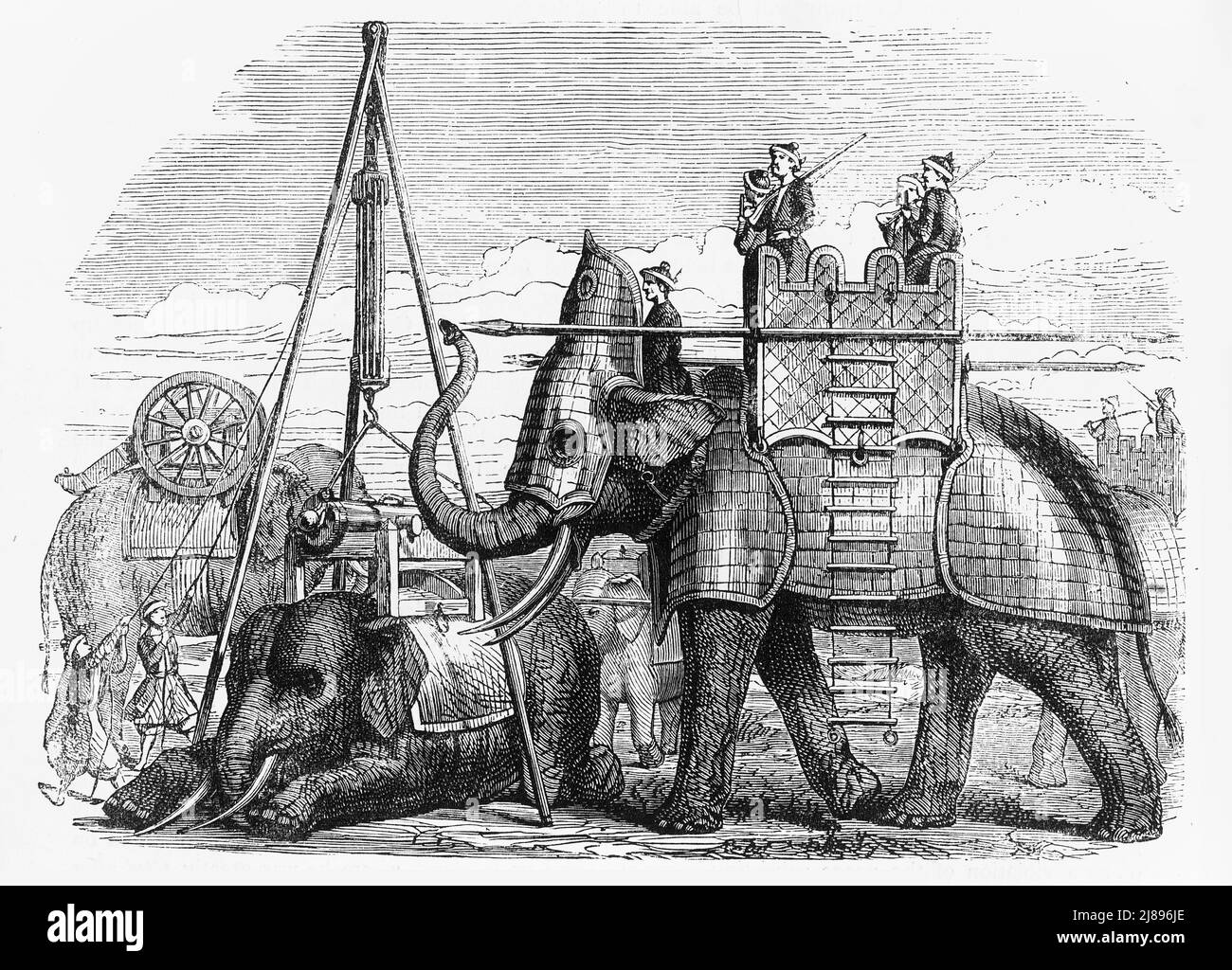 'Elephant Equipped for Battle, with Armou, Howdah, Etc.', c1891. From &quot;Cassell's Illustrated History of India Vol. I.&quot;, by James Grant. [Cassell Petter &amp; Galpin, London, Paris and New York] Stock Photo