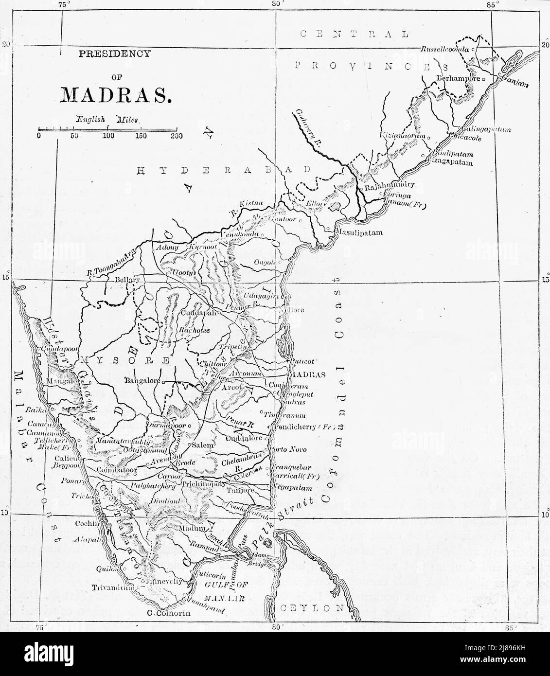'Map of the Presidency of Madras', c1891. From &quot;Cassell's Illustrated History of India Vol. I.&quot;, by James Grant. [Cassell Petter &amp; Galpin, London, Paris and New York] Stock Photo