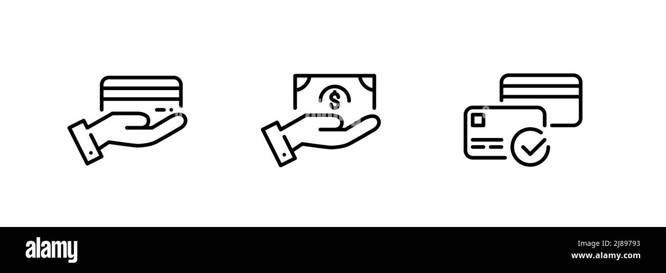 Cash and card approved payment methods for online shopping. Pixel perfect, editable stroke line art icons Stock Vector