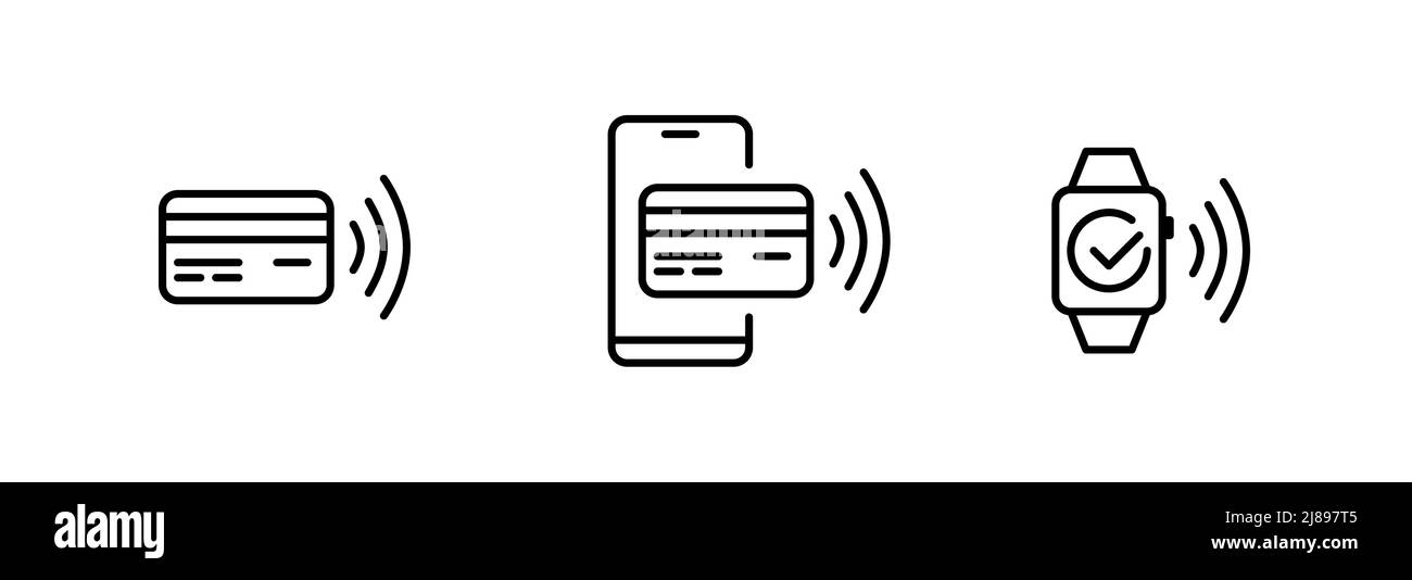 Contactless NFC payment methods icons. Pixel perfect, editable stroke line art Stock Vector