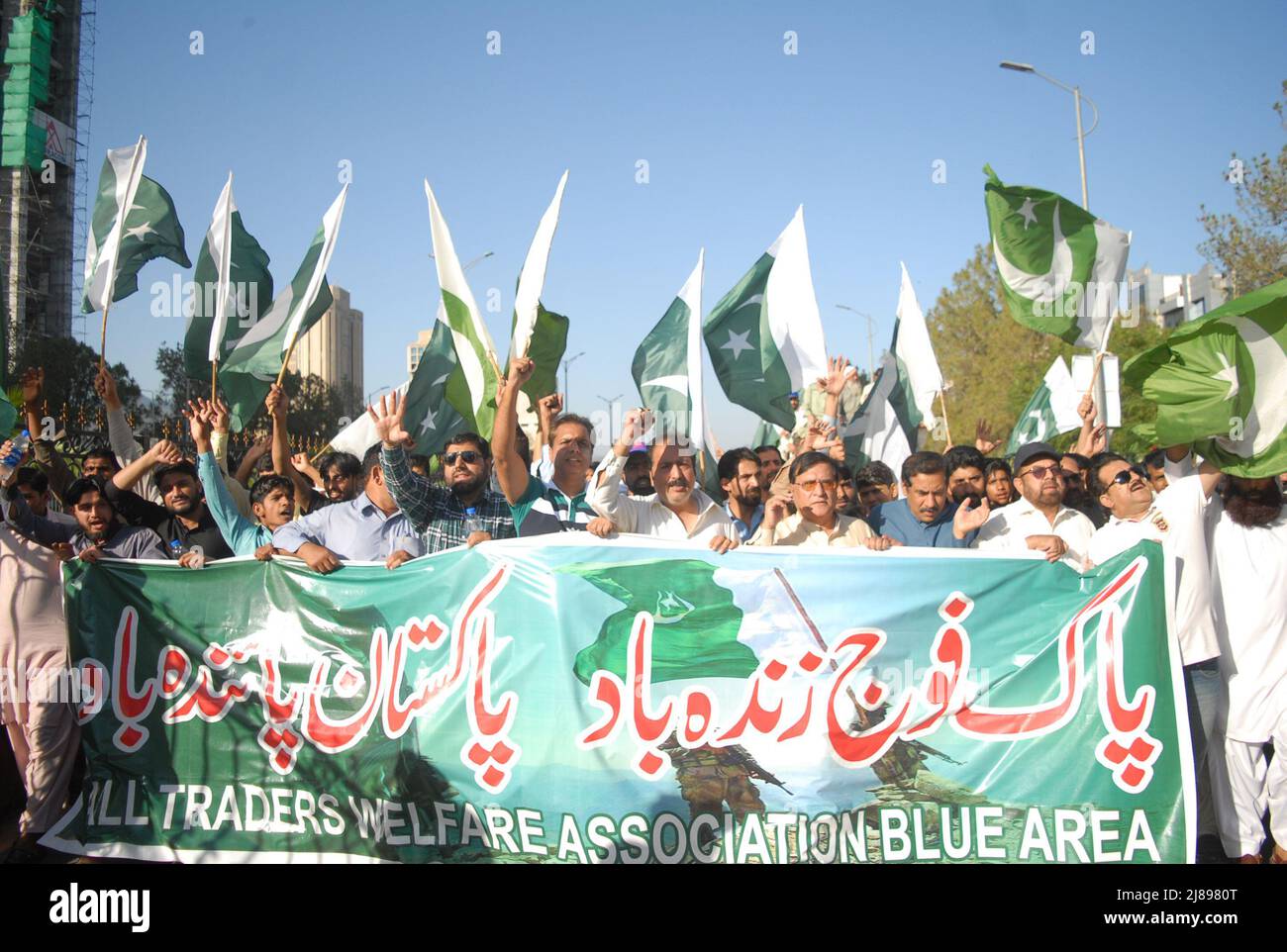 Islamabad, Pakistan. 13th May, 2022. Rally organized by All Traders Welfare Association Blue Area to express solidarity with Pakistan Army in Islamabad, Pakistan on May 13, 2022. (Photo by Raja Imran/Pacific Press/Sipa USA) Credit: Sipa USA/Alamy Live News Stock Photo