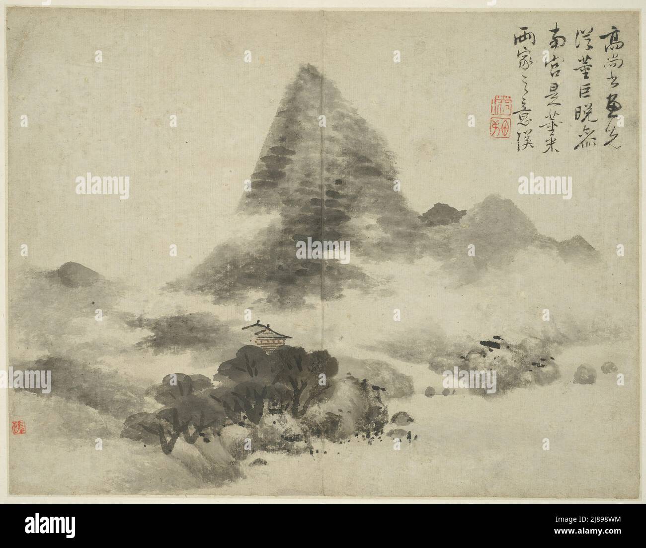 Landscape in the Style of Ancient Masters: after Gao Shangshu, following Dong Yuan (active 937-975) and Ju Ran, and later in the style of Mi Fu (1051 -1107), China, Ming dynasty (1368-1644), 1642. Stock Photo