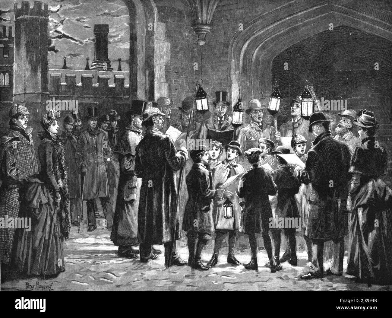 ''Carol Singing on Christmas Eve at Hampton Court Palace', 1888. From, 'The Graphic. An Illustrated Weekly Newspaper Volume 38. July to December, 1888'. Stock Photo