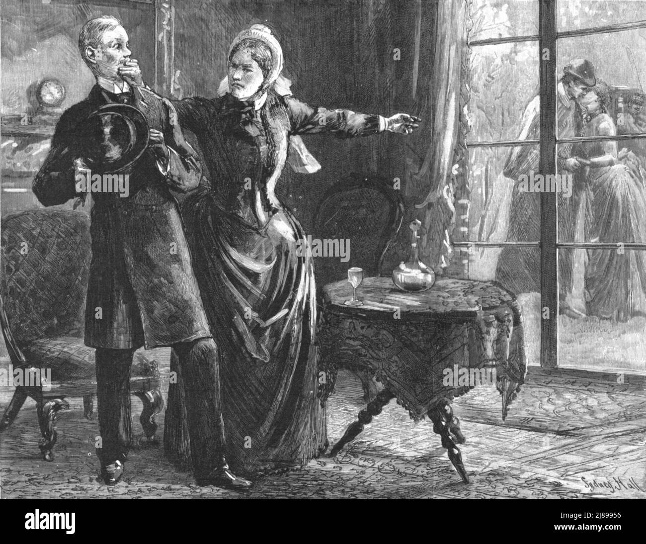 ''That Unfortunate Marriage, by Francis Eleanor Trollope; &quot;Hush! Hold your tongue!&quot; cried Mrs. Dobbs, fairly clapping one hand over his mouth, and pointing with the other to the window', 1888. ', 1888. From, 'The Graphic. An Illustrated Weekly Newspaper Volume 38. July to December, 1888'. Stock Photo