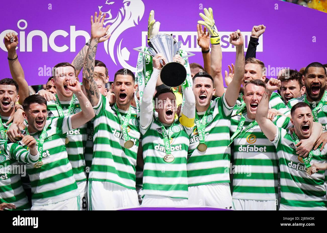 Celtic celebrate with the league trophy after the cinch Premiership
