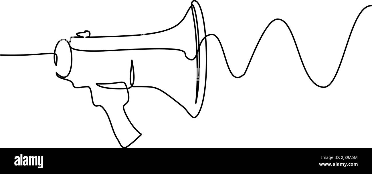 Megaphone, loudspeaker with sound wave. one line drawing Stock Vector