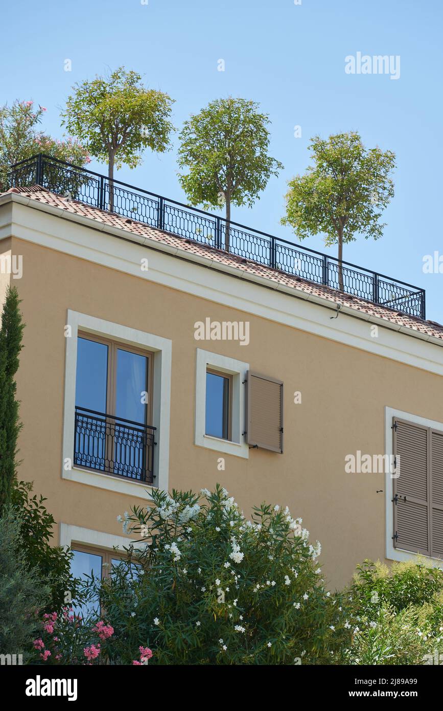 Roof garden with trees on a residential building Stock Photo