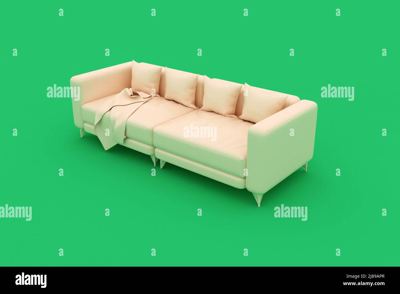 Beige sofa isolated on light green background. 3D rendering. Stock Photo