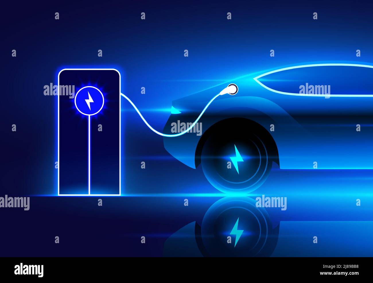 Electric car charging on the station, vector illustration. Blue neon glowing EV vehicle filling up a battery. Modern hybrid car rear side with voltage symbol on the wheel. Stock Vector