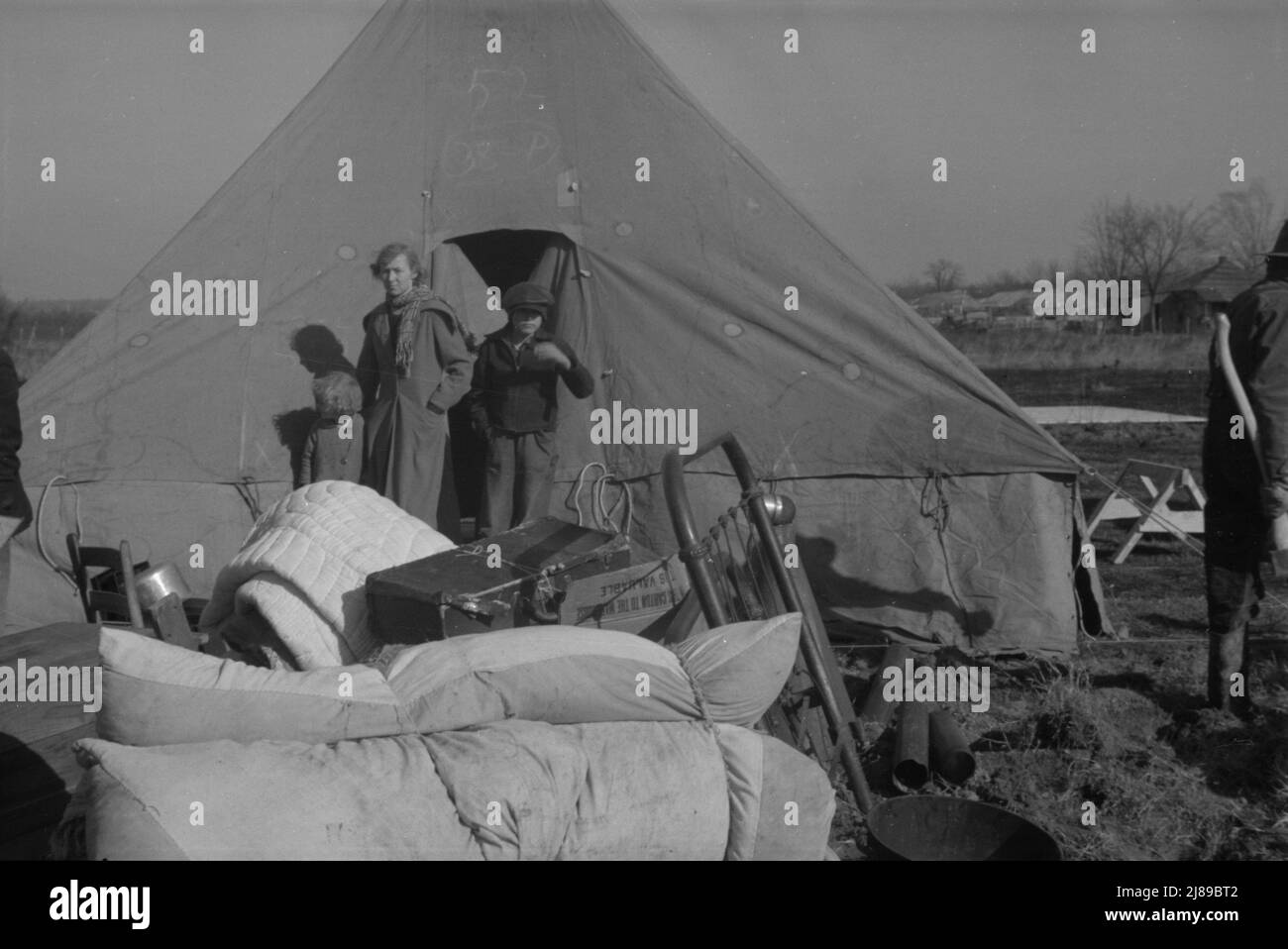 Setting up a tent in the camp for white flood refugees, Forrest City, Arkansas. Stock Photo