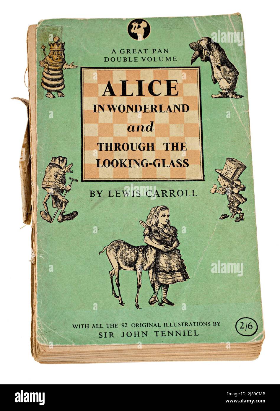 Alice in Wonderland and Through the Looking Glass, Great Pan paperback book, by Kewis Carroll, this edition 1947 with illustrations by John Tenniel, f Stock Photo