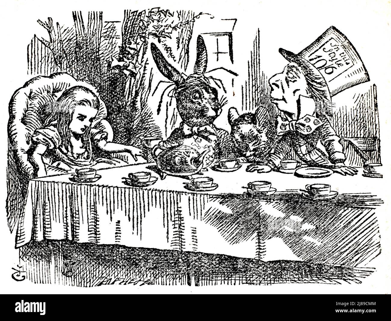 John Tenniel illustration of the Mad Hatter's Tea Party from Alice in Wonderland by Lewis Carroll Stock Photo