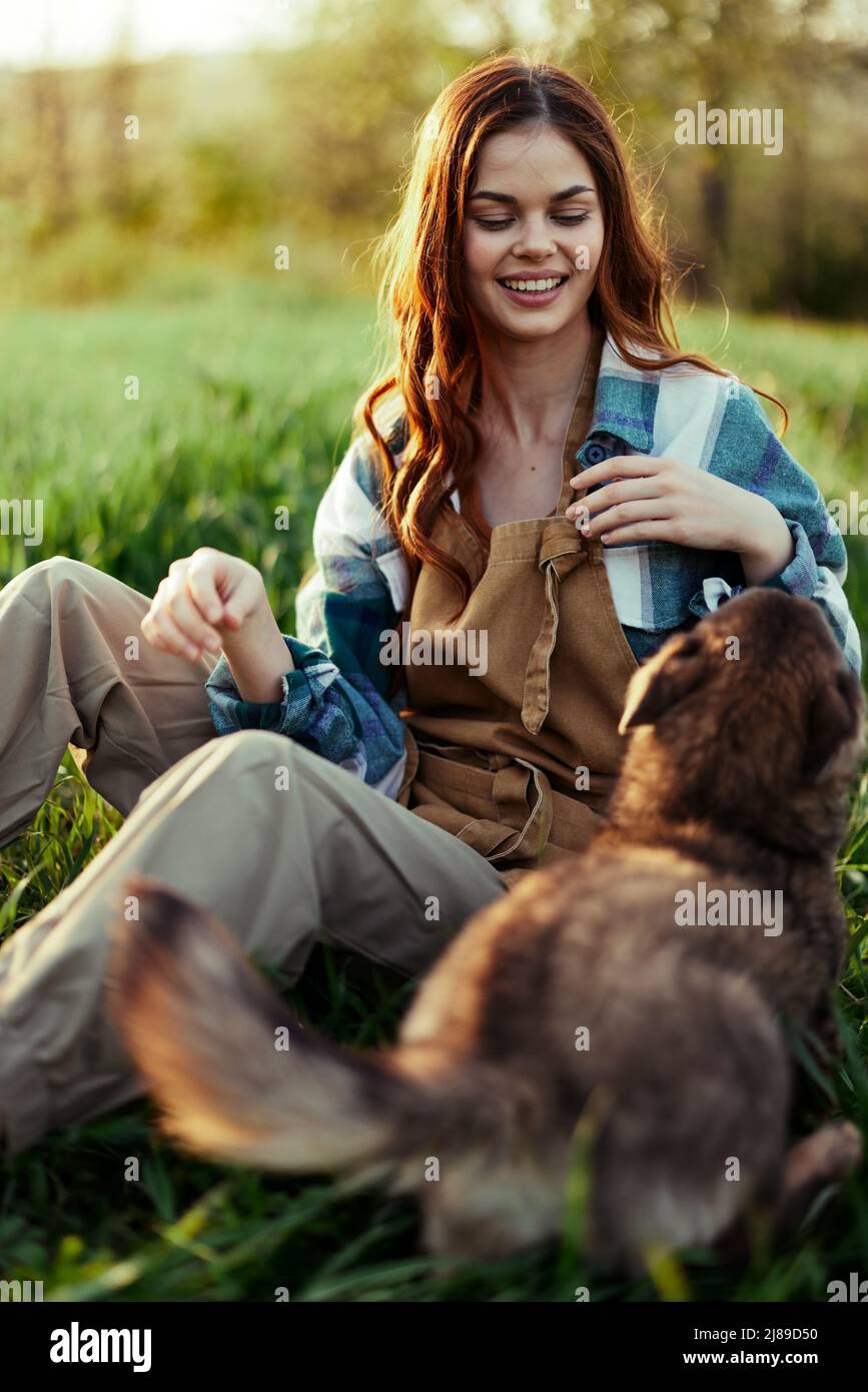 Woman on the grass with her dog in the park in the evening with ...