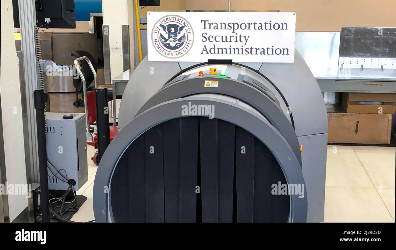 May 7, 2022,, Gainesville, FL: A TSA baggage xray machinbe at the Gainesville Regional Airport. Stock Photo