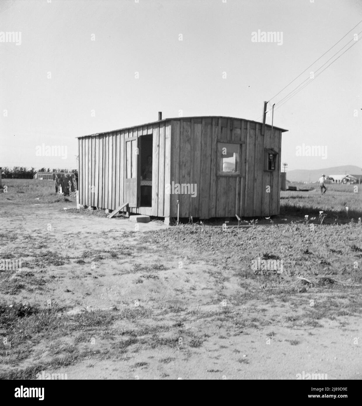 Housing for rapidly growing settlement of lettuce workers on fringe of town, Salinas, California. These houses are built by the occupants, most of them recent migrants from the Southwest. Stock Photo