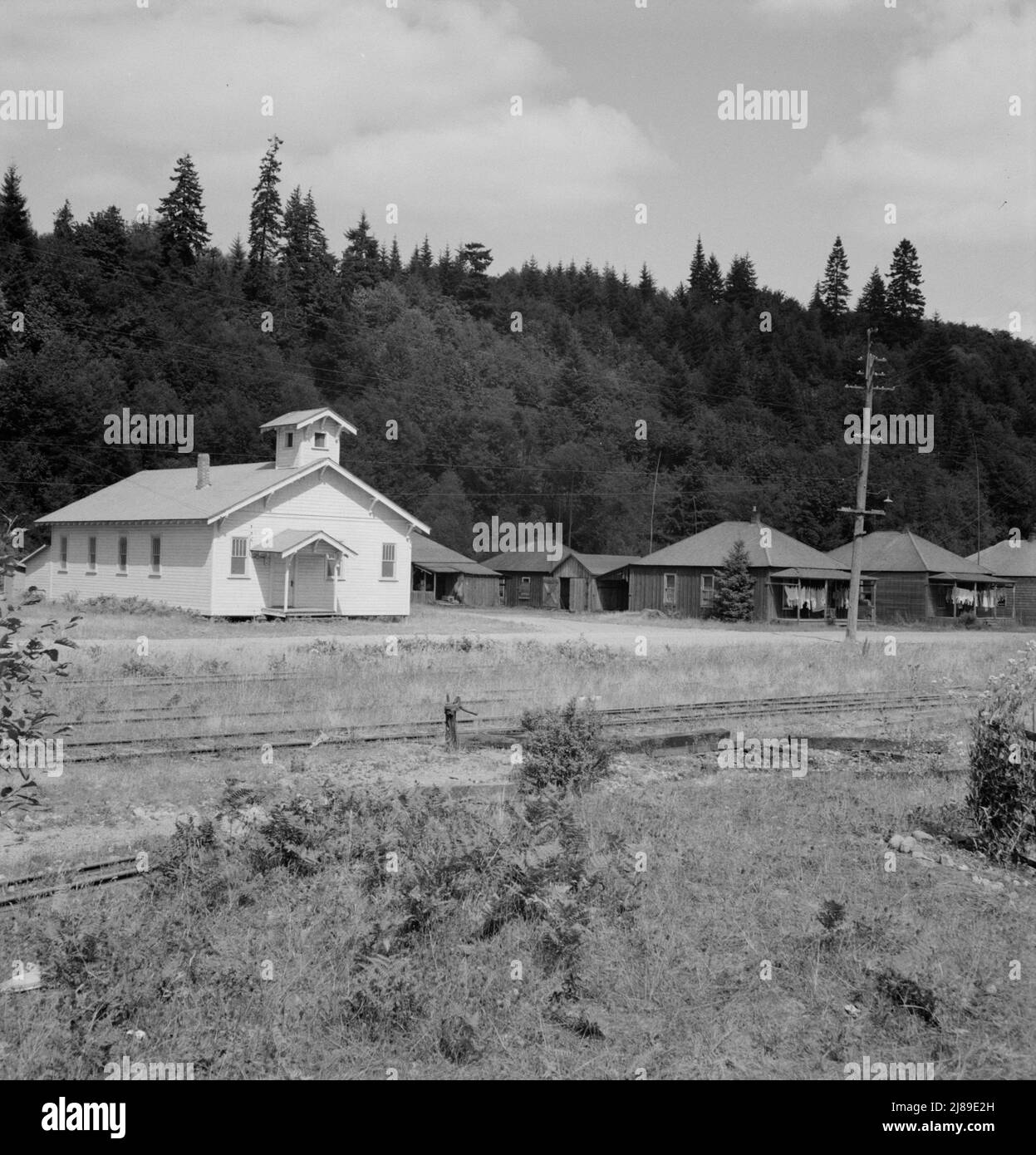 [Untitled, possibly related to: The church closed when the mill closed, but the houses are again occupied in the abandoned mill village. Washington, Grays Harbor County, Malone. Stock Photo