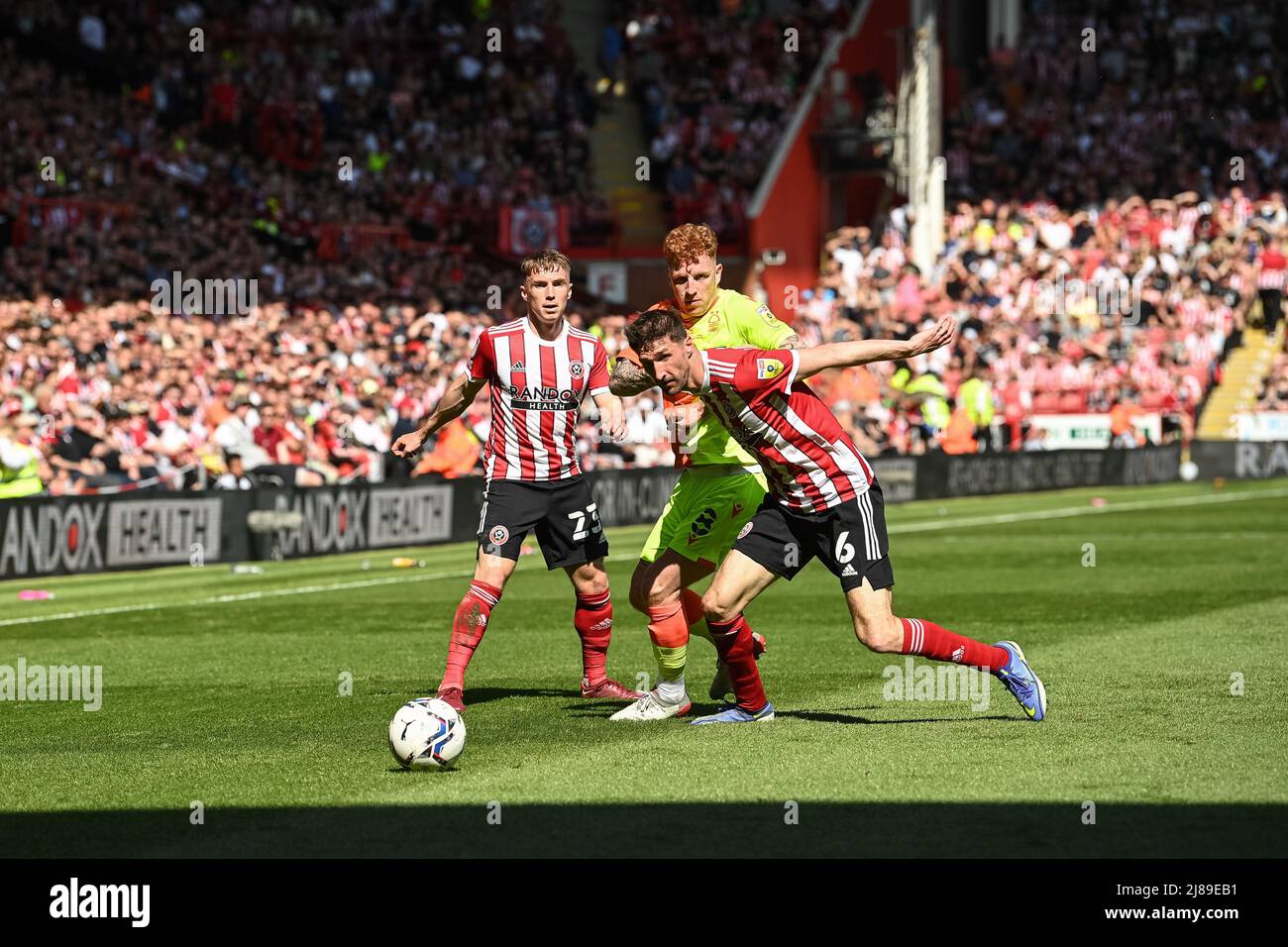 Chris Basham #6 of Sheffield United holds off Jack Colback #8 of ...