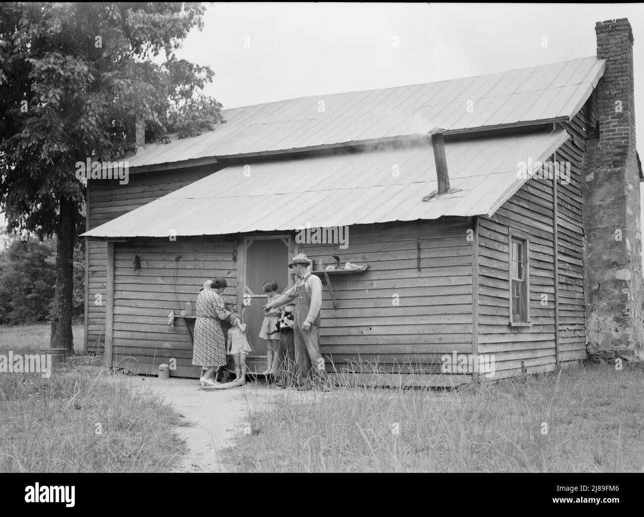Untitled, possibly related to: Tobacco sharecropper and his family at the  back of their house showing kitchen door, household equipment, foot path to  barn. Person County, North Carolina] Stock Photo