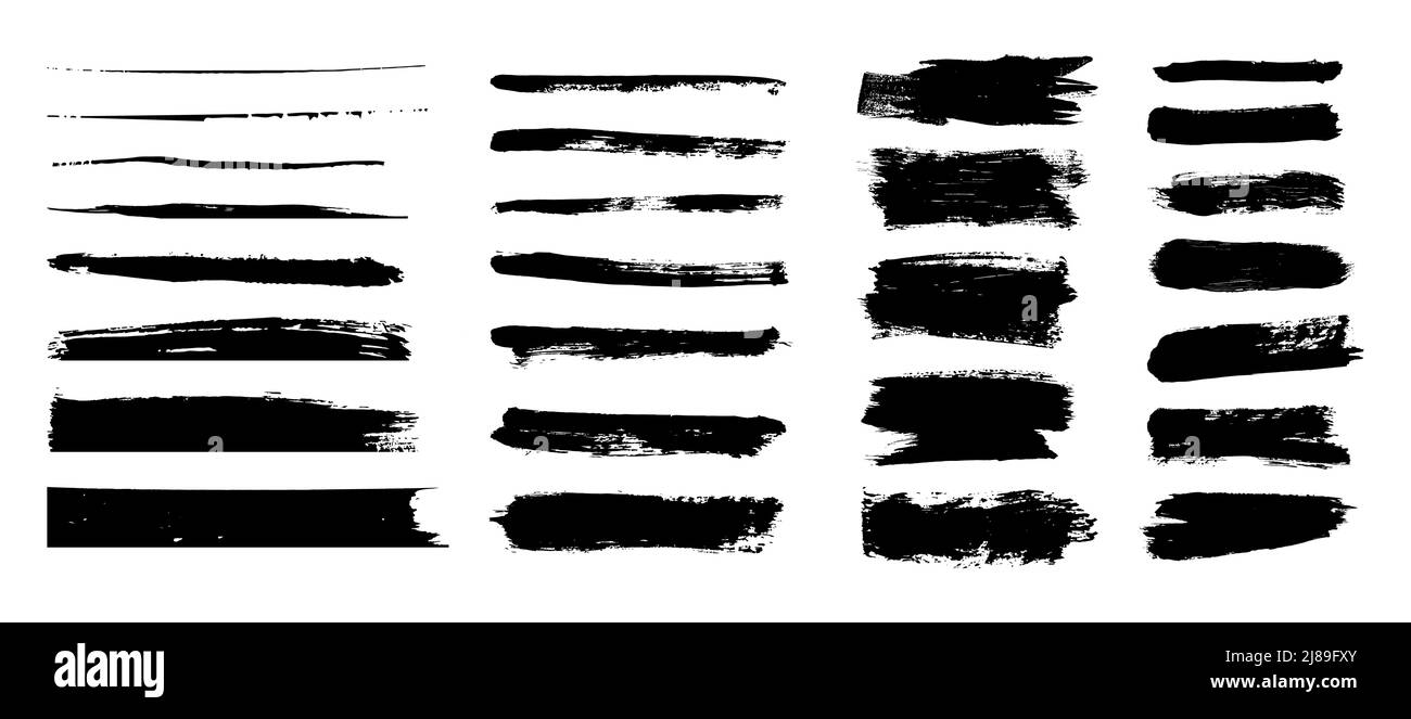 Brush strokes. Vector paintbrushes set. Grunge design elements. Rectangle text boxes, ink brush stroke. Dirty distress texture banners. Ink splatters. Grungy painted texture isolated on white Stock Vector