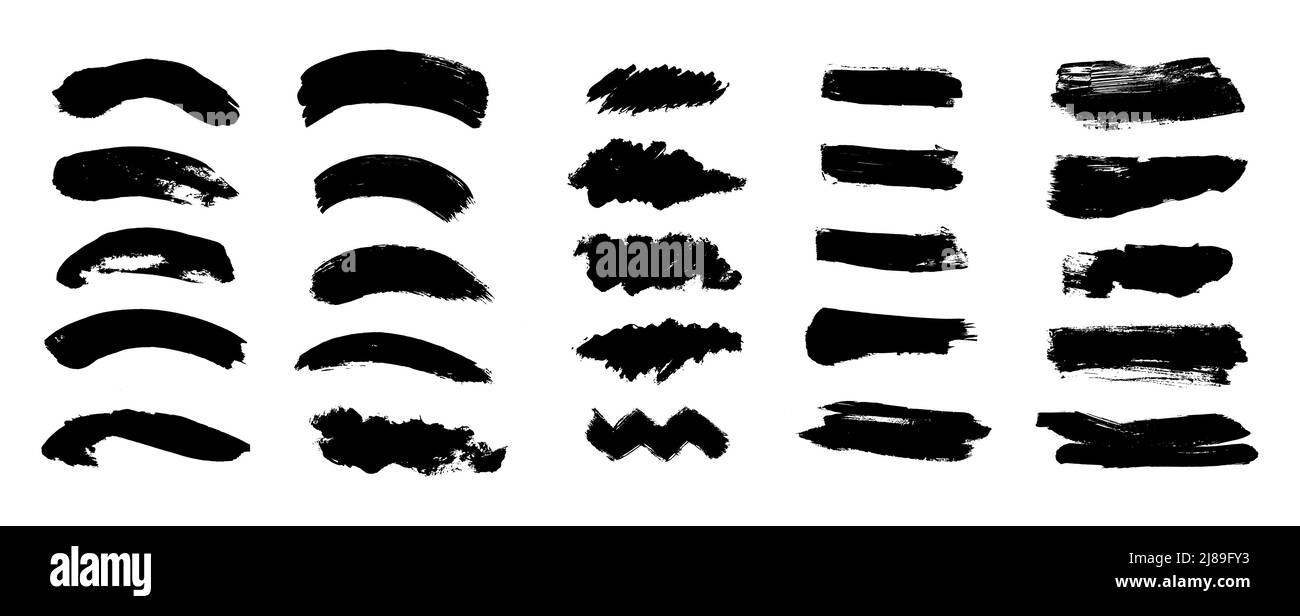 Brush strokes. Vector paintbrushes set. Grunge design elements. Rectangle text boxes, ink brush stroke. Dirty distress texture banners. Ink splatters. Grungy painted texture isolated on white. Stock Vector