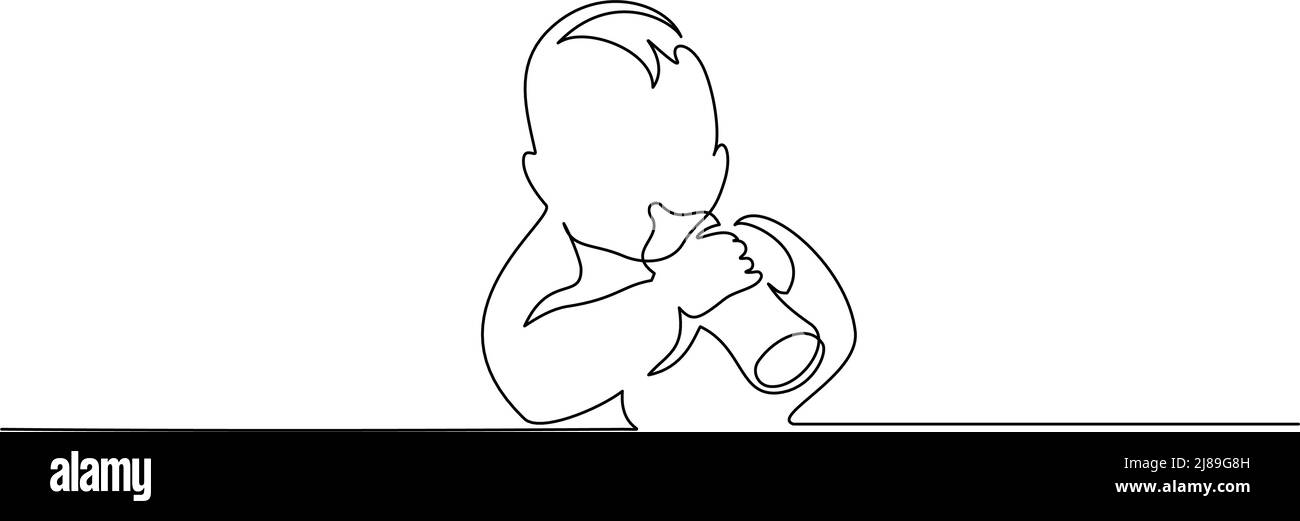 Continuous one line drawing. Joyful baby eating from bottle Stock Vector