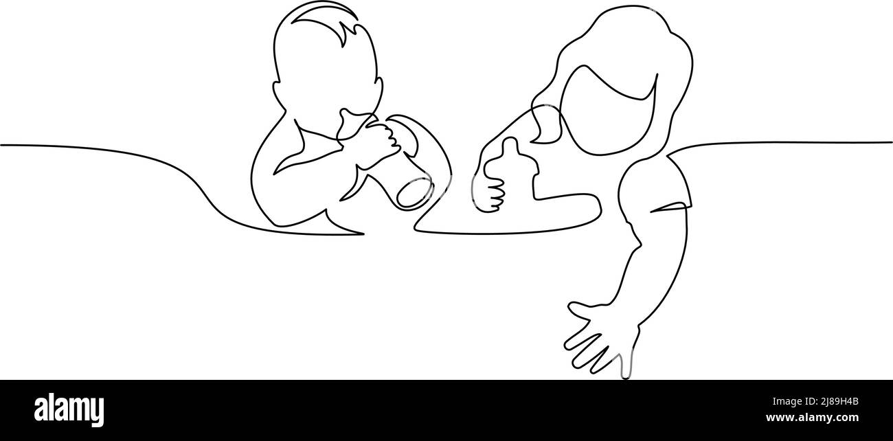 Continuous one line drawing. Two joyful children are eating from bottles Stock Vector