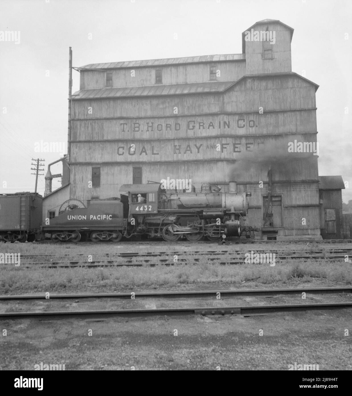 Grain elevator along railroad yard. North Platte, Nebraska. [Sign: 'T.B. Hord Grain Co. Coal Hay and Feed'. Union Pacific steam locomotive]. Stock Photo