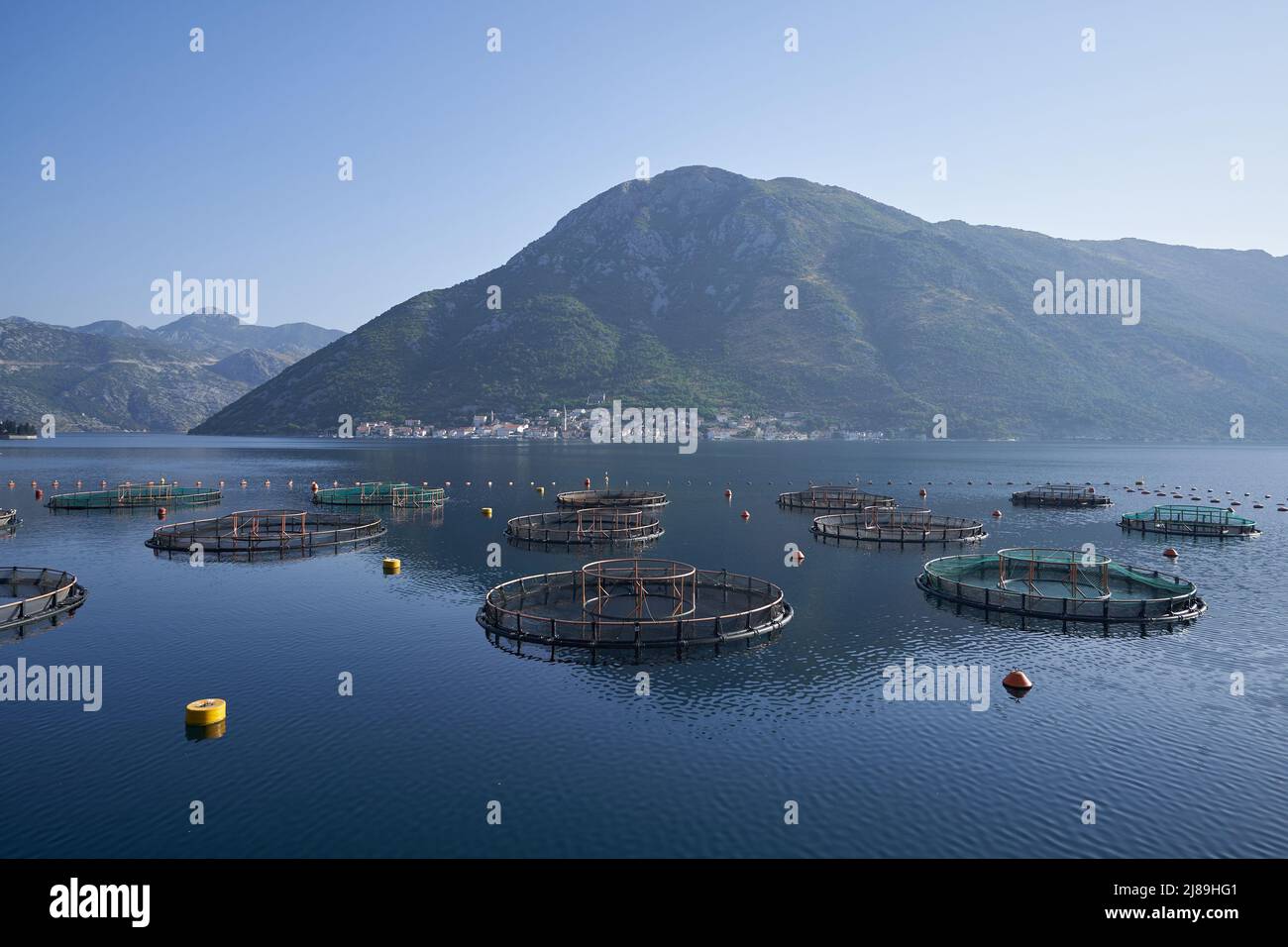 Seascape with fish farms against mountain in Montenegro Stock Photo
