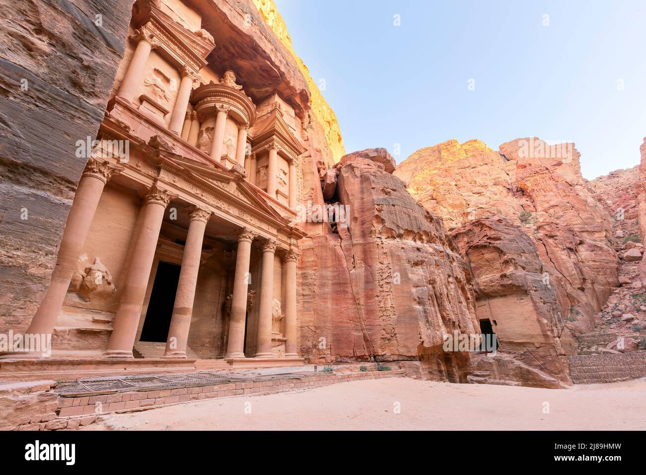 A view of the treasury building at Petra in Jordan in the late afternoon Stock Photo