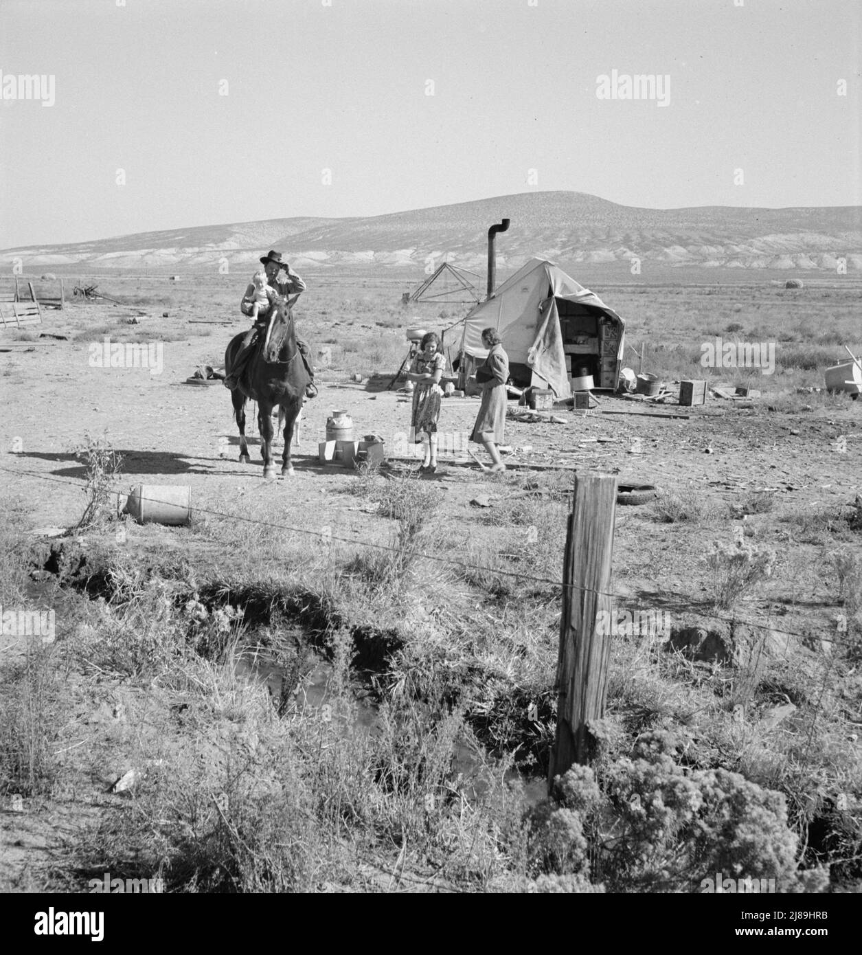 Fairbanks' home. Home Management Supervisor of FSA (Farm Security Administration) tries to persuade wife to screen tent. Willow Creek area, Malheur County, Oregon. Stock Photo