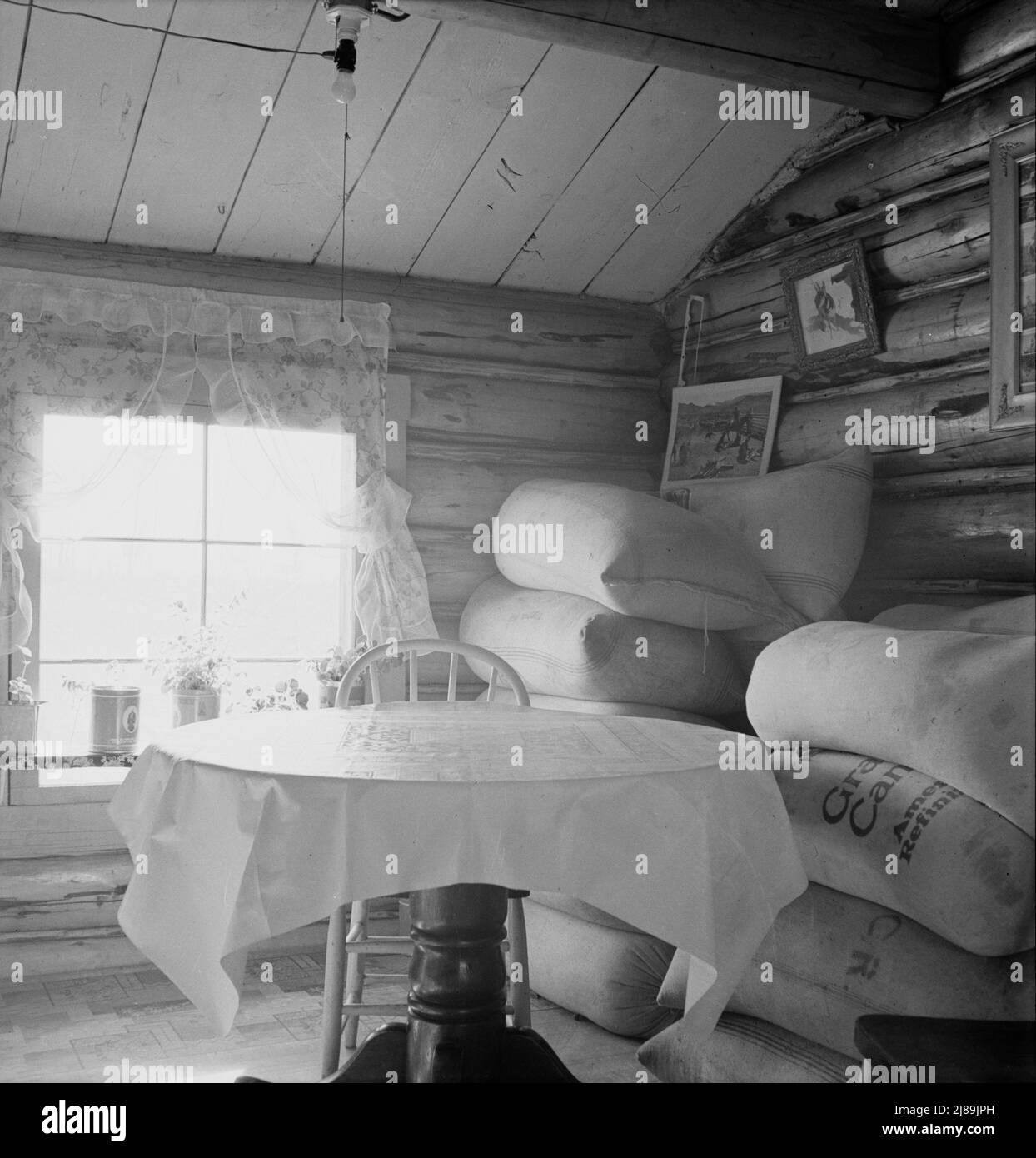 Interior of farmer's two-room log home. FSA (Farm Security Administration) borrower. They have their alfalfa seed stored in corner waiting for a better price. Boundary County, Idaho. Stock Photo