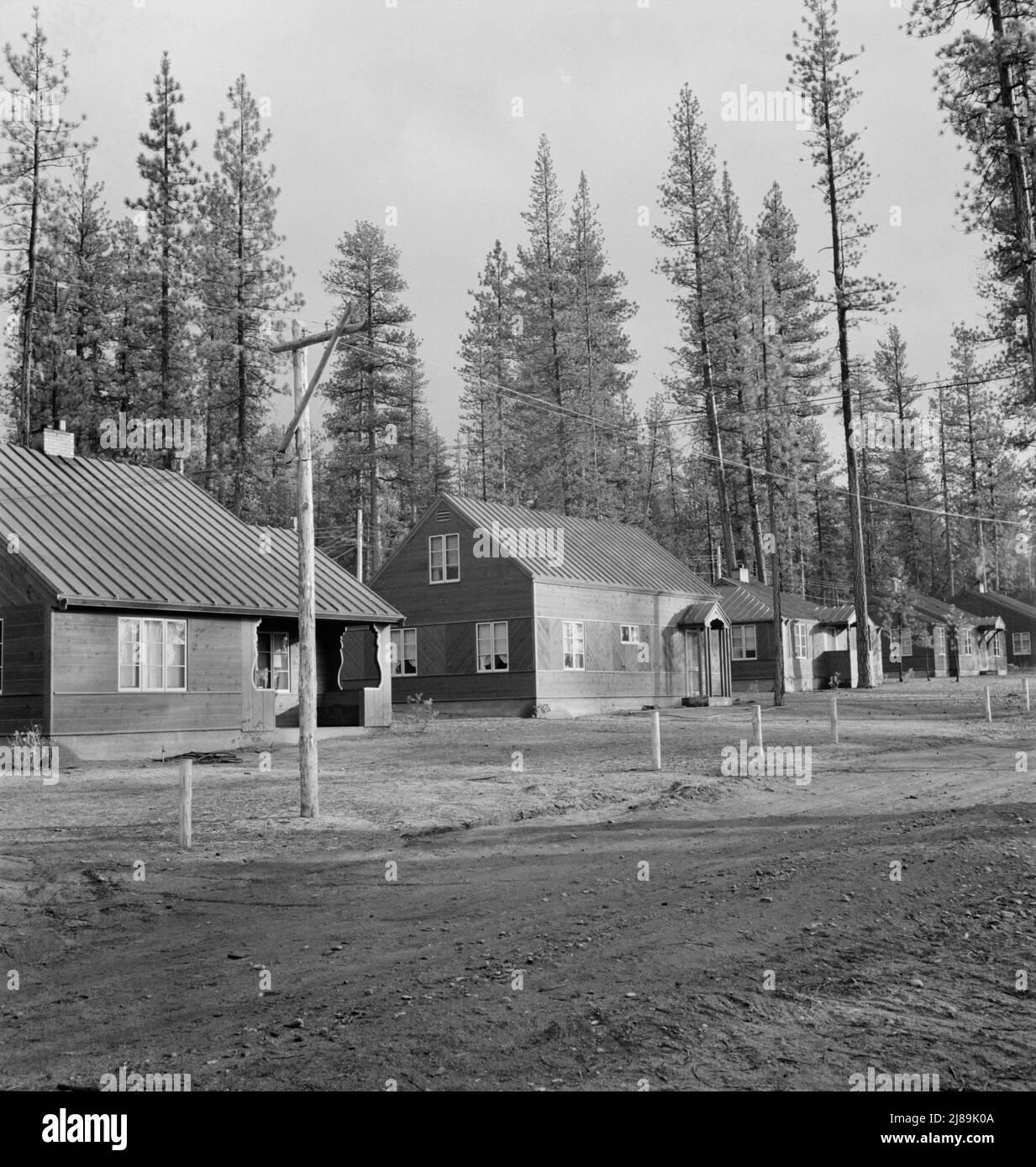 Row of model homes in millworkers town. Gilchrist, Oregon Stock Photo