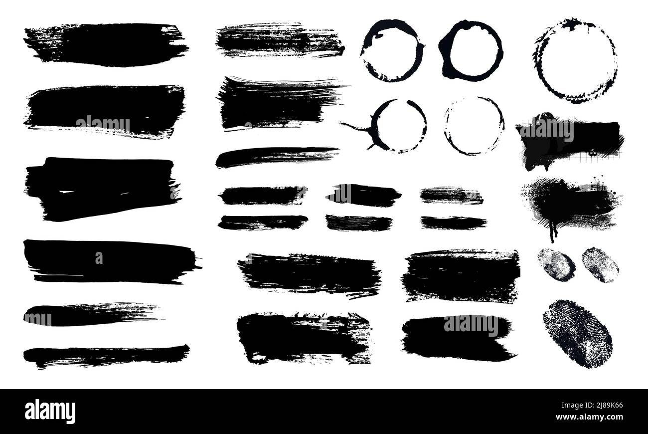 Brush strokes. Vector paintbrushes set. Grunge design elements. Rectangle text boxes, ink brush stroke. Dirty distress texture banners. Ink splatters. Grungy painted texture isolated on white. Stock Vector