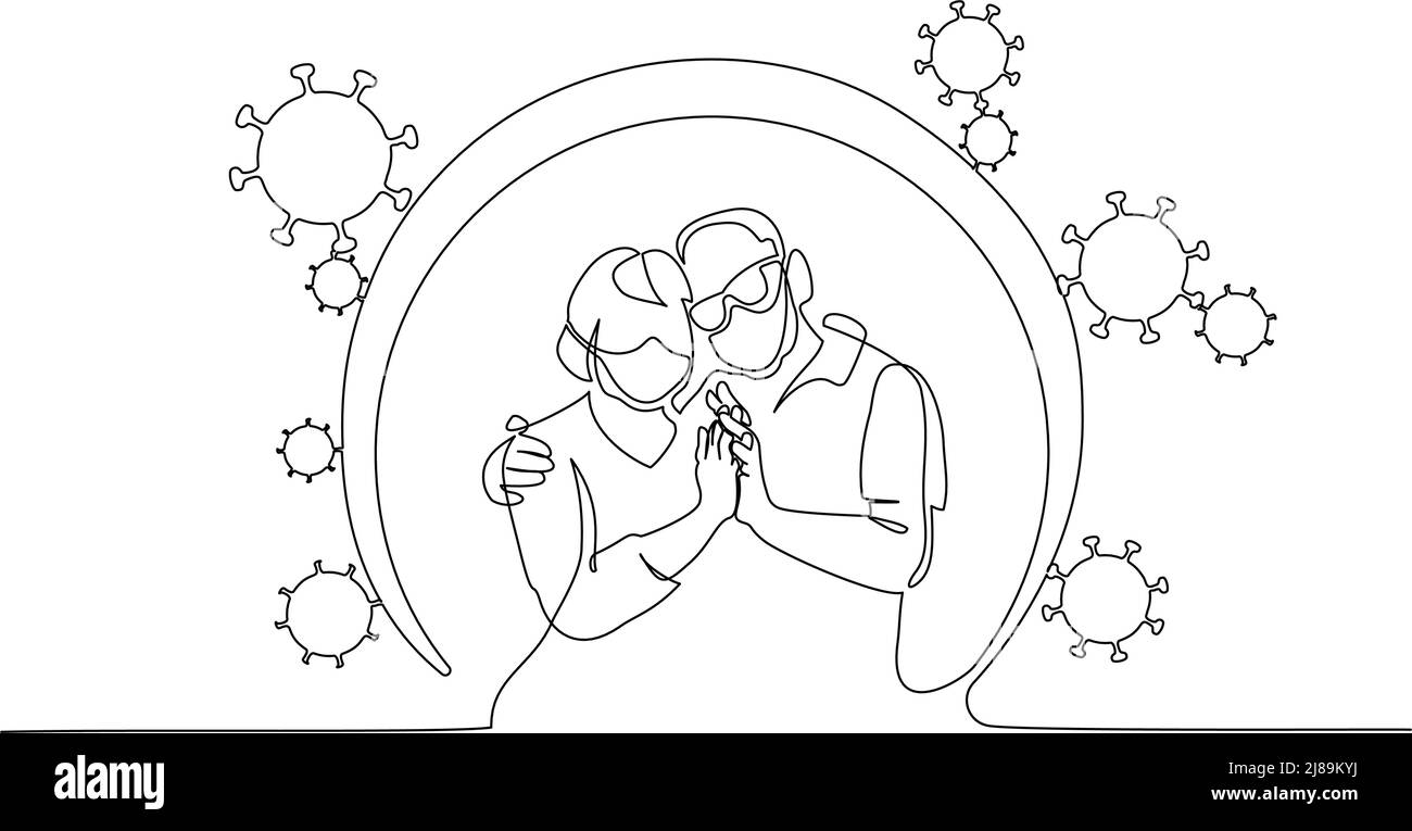 Concept of protecting elderly couple from coronavirus hazard. Old grandfather and grandmother. Continuous one line drawing. Vector illustration hand d Stock Vector