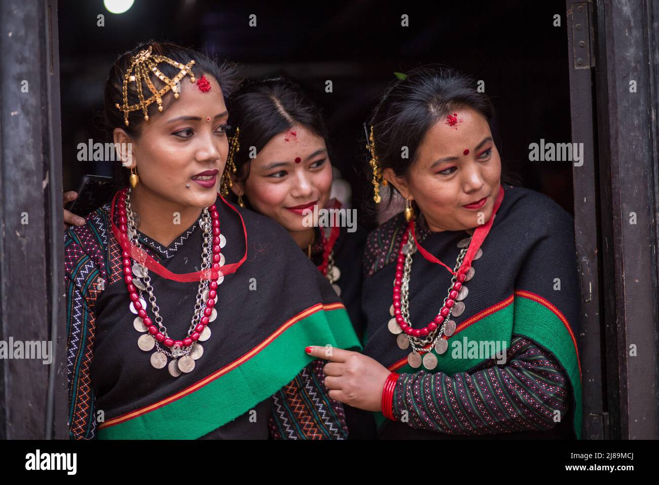 Lalitpur, Nepal. 14th May, 2022. Newar women in traditional attire are seen during a culture show in Lalitpur, Nepal, May 14, 2022. Credit: Hari Maharjan/Xinhua/Alamy Live News Stock Photo
