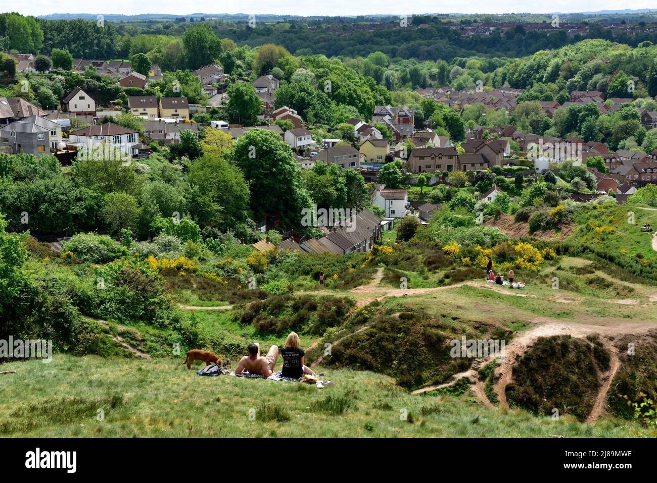 Looking south over trees and houses of Bristol from Troopers' Hill with people relaxing. Former mining area now park and nature reserve, UK Stock Photo