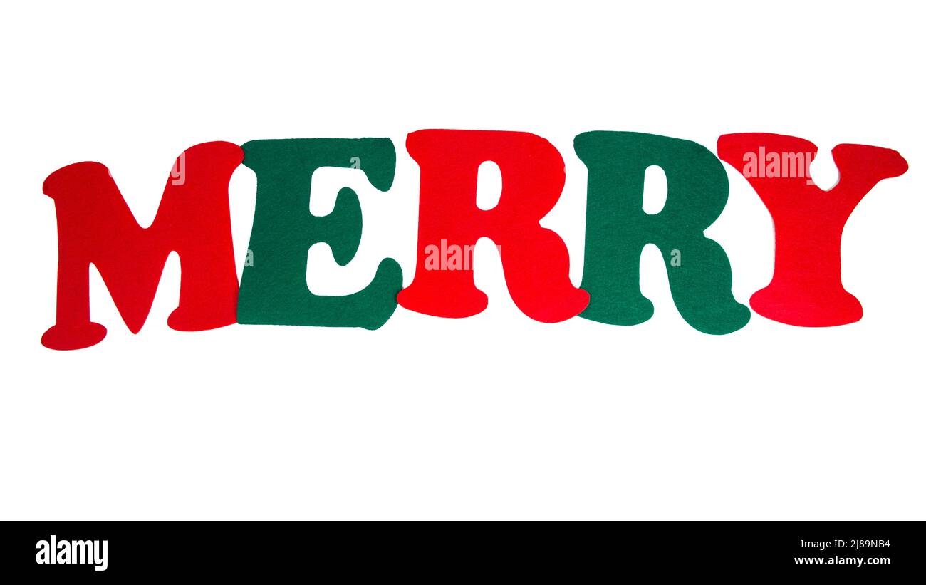 Letters merry word felt isolated on the white background Stock Photo