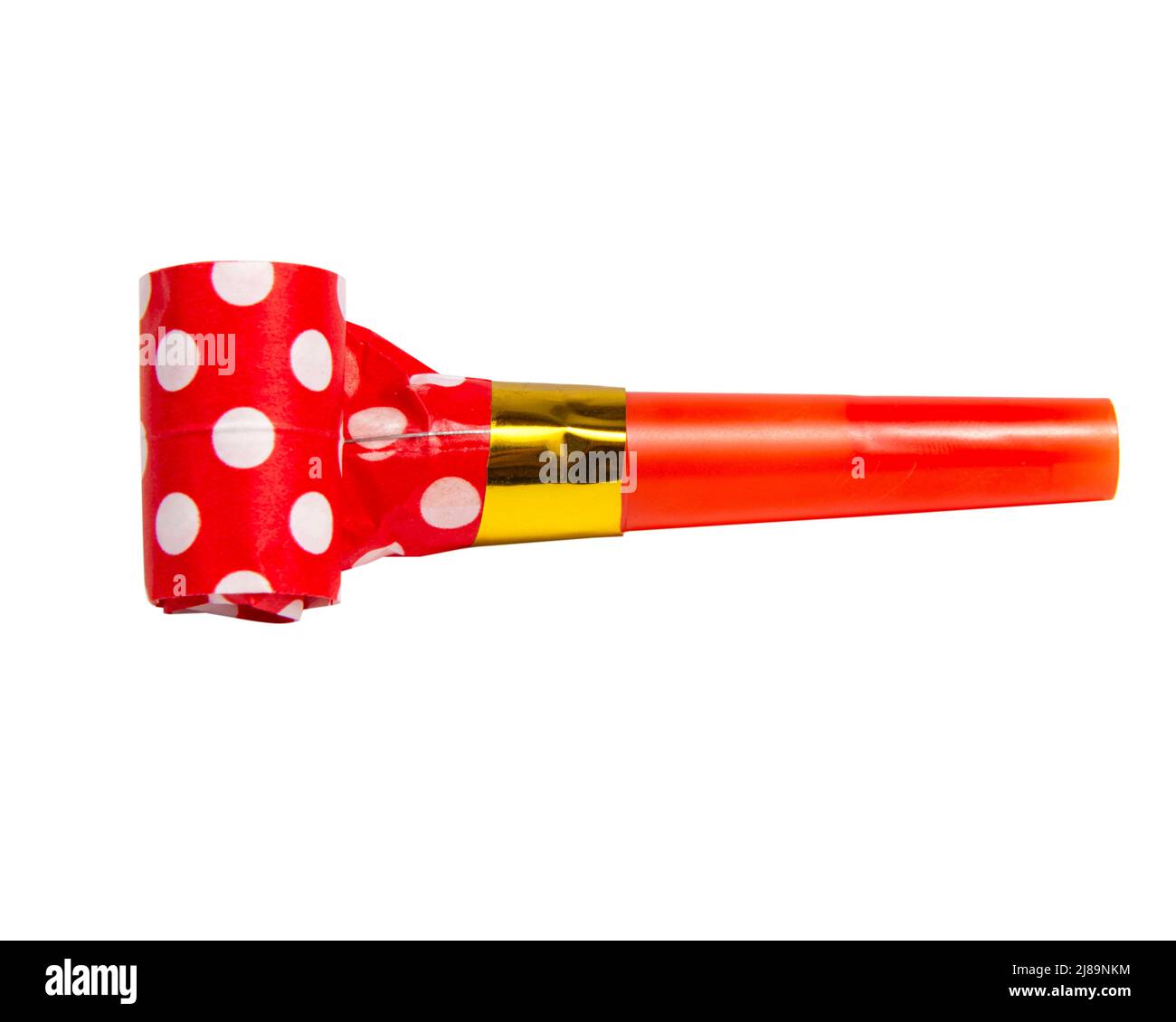 Party blowout noisemaker red color dots horn isolated on the white